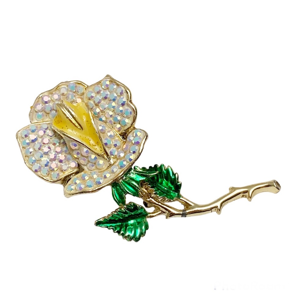 Vintage enamel rose brooch with aurora borealis rhinestone petals